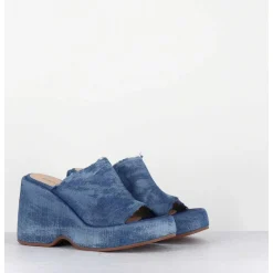Mules Compensees 90S En Jean Bleu Lave - Masa3 Jeans Lavato