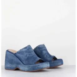 Mules Compensees 90S En Jean Bleu Lave - Masa3 Jeans Lavato