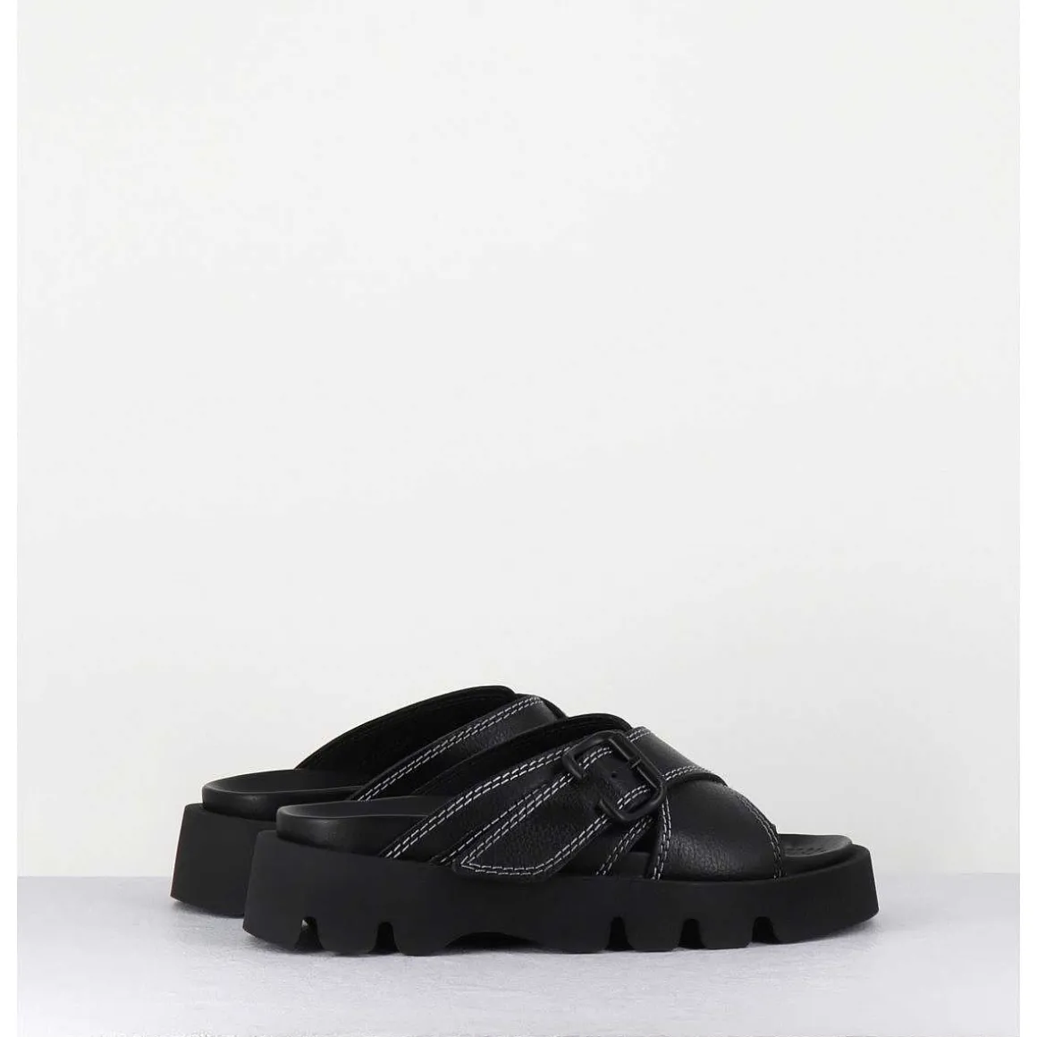 Mules En Cuir Noir Semelle Crantee - Lacey Black Sandals