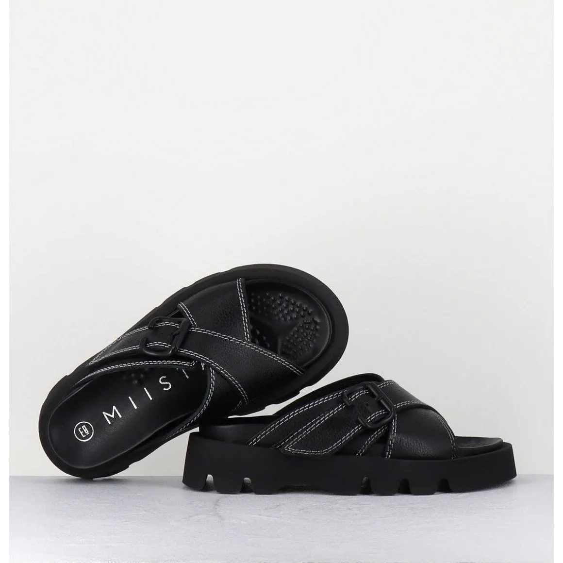 Mules En Cuir Noir Semelle Crantee - Lacey Black Sandals