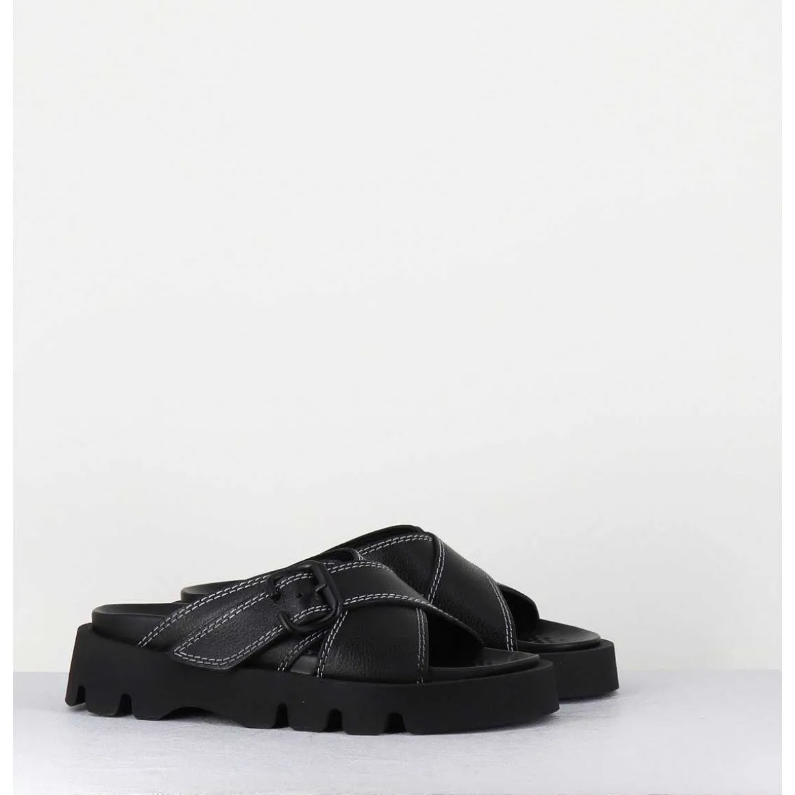 Mules En Cuir Noir Semelle Crantee - Lacey Black Sandals