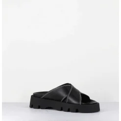 Mules En Cuir Noir Semelle Crantee - Lacey Black Sandals