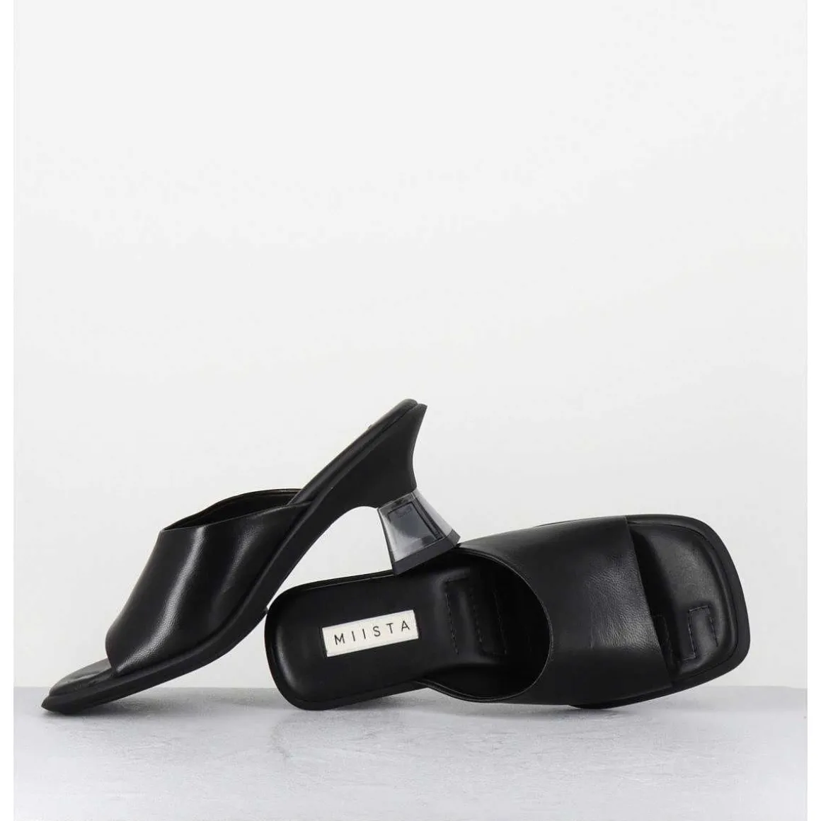 Mules En Cuir Noir Talon Plexi - Synthia Black Sandals