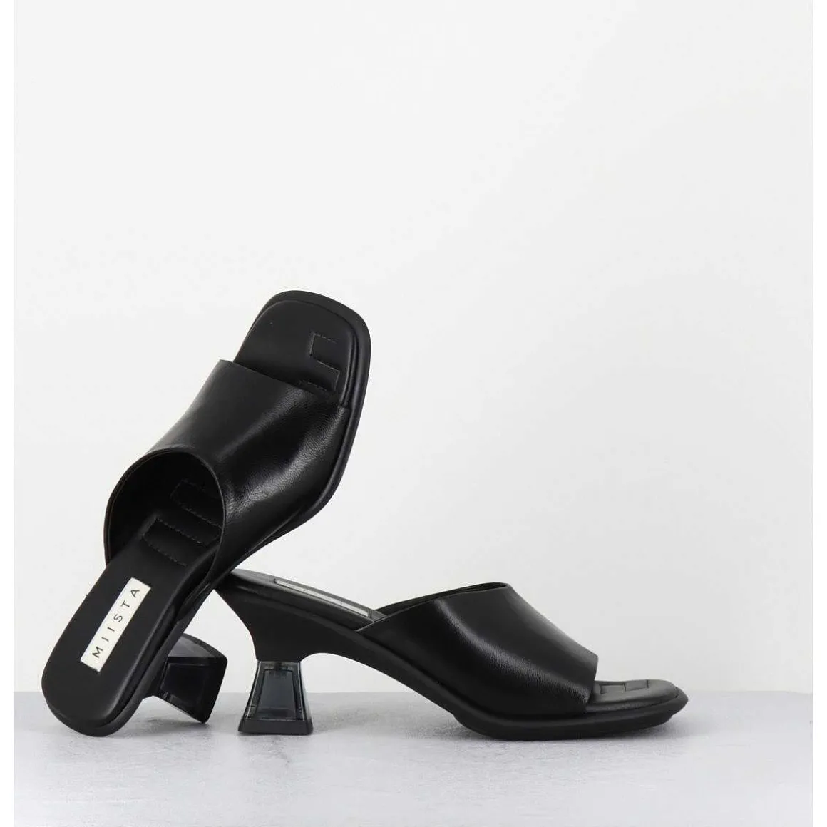 Mules En Cuir Noir Talon Plexi - Synthia Black Sandals