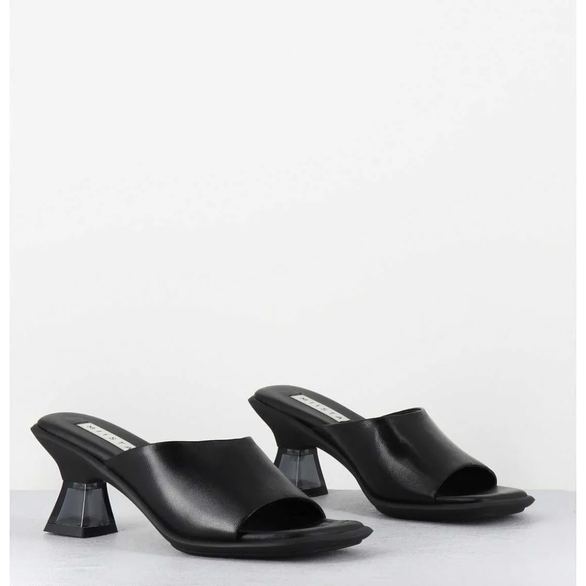 Mules En Cuir Noir Talon Plexi - Synthia Black Sandals