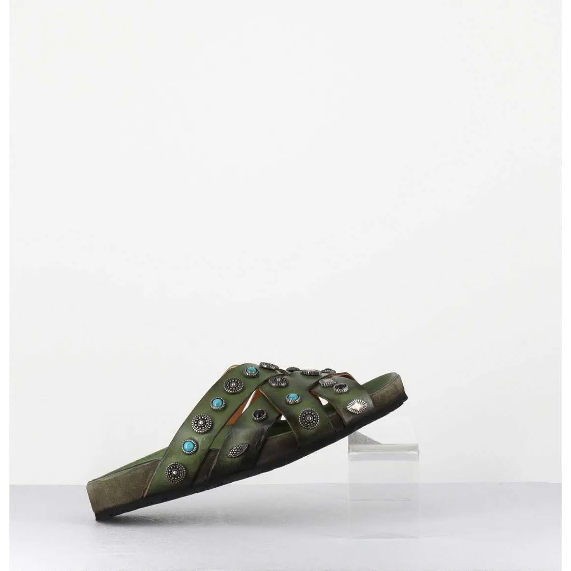 Mules Multi-Brides En Cuir Vert Ornees De Pierres - 3587Mod Verde