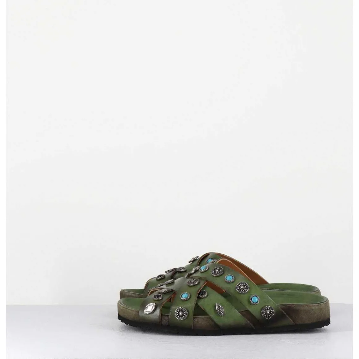 Mules Multi-Brides En Cuir Vert Ornees De Pierres - 3587Mod Verde