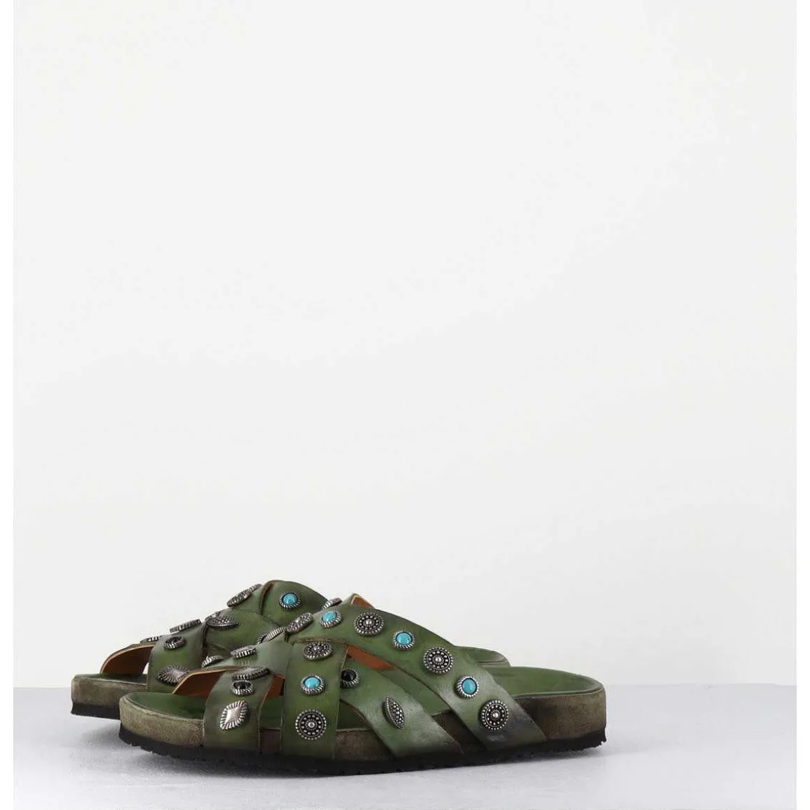 Mules Multi-Brides En Cuir Vert Ornees De Pierres - 3587Mod Verde