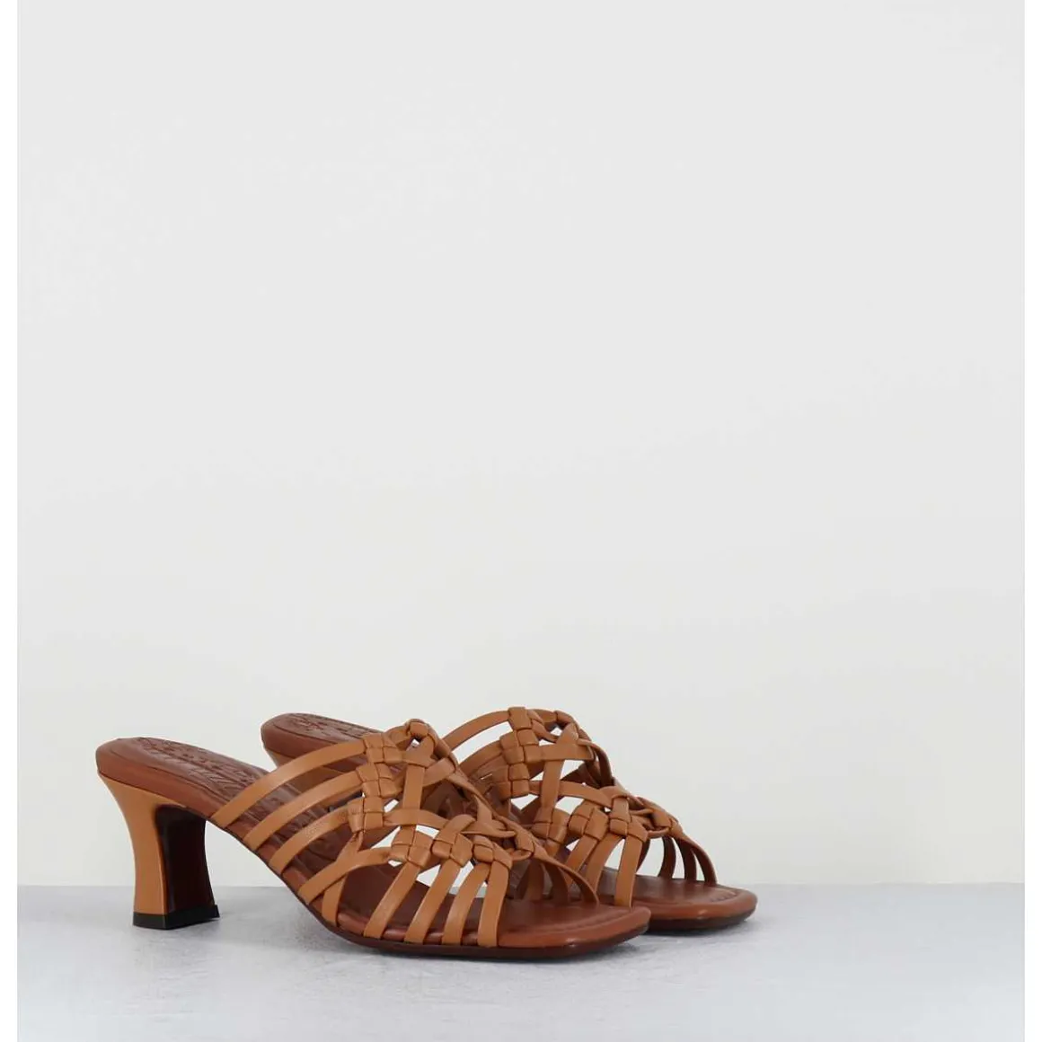 Mules Petit Talon Retro En Cuir Tresse Camel - Nayla Woven Peach