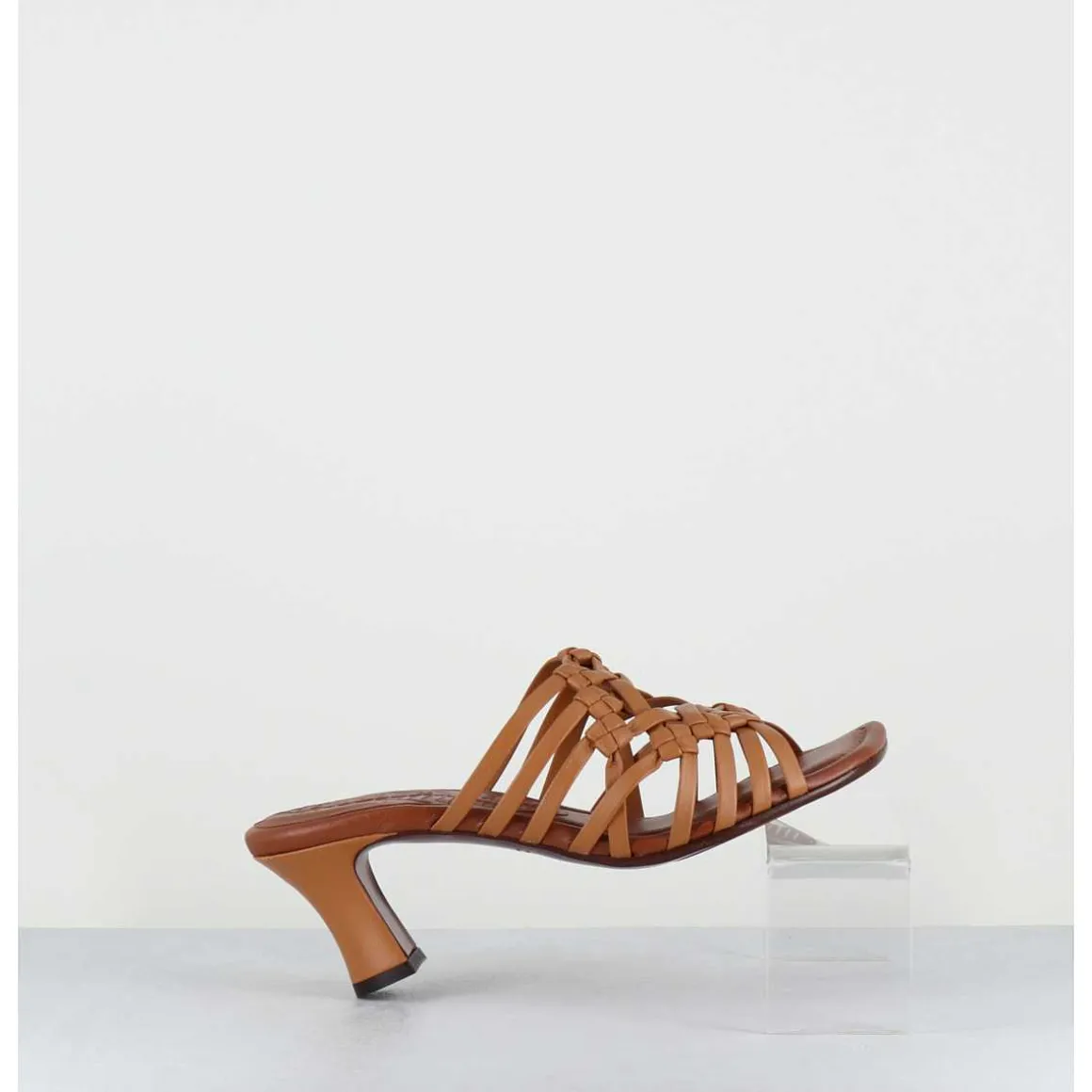 Mules Petit Talon Retro En Cuir Tresse Camel - Nayla Woven Peach