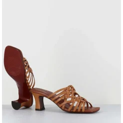 Mules Petit Talon Retro En Cuir Tresse Camel - Nayla Woven Peach