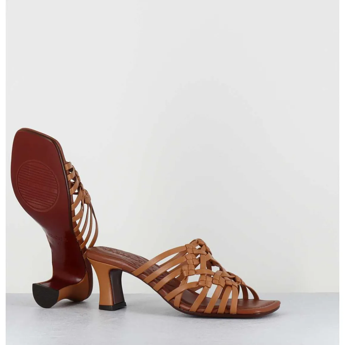Mules Petit Talon Retro En Cuir Tresse Camel - Nayla Woven Peach