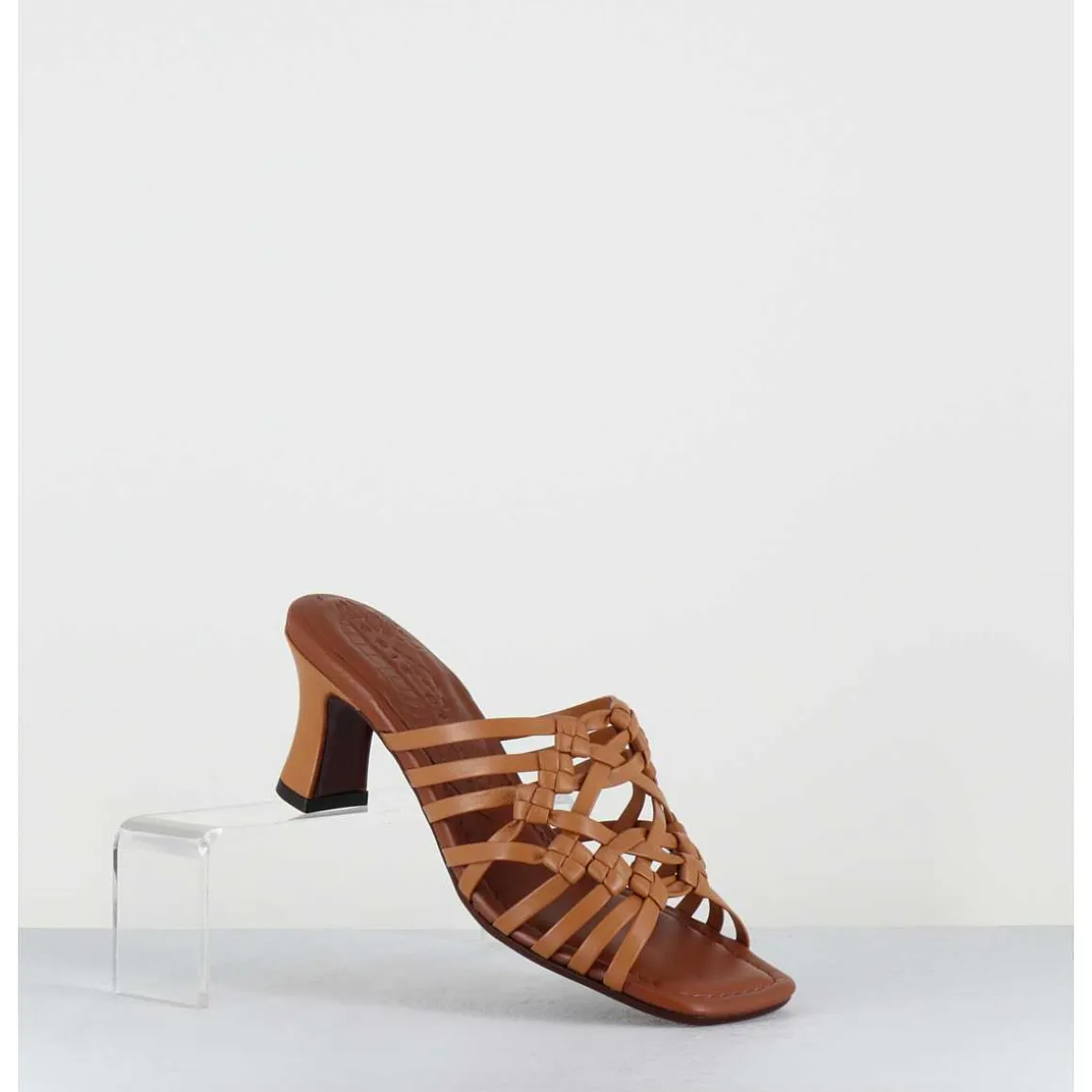 Mules Petit Talon Retro En Cuir Tresse Camel - Nayla Woven Peach
