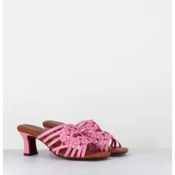 Mules Petit Talon Retro En Cuir Tresse Rose - Nayla Woven Pink