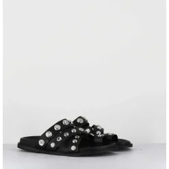 Mules Plates Entre-Doigts En Cuir Noir & Rivets Argent - Kero Tuffato Nero