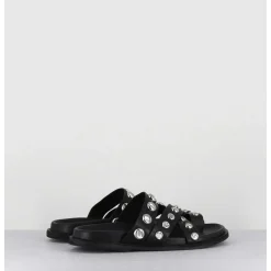 Mules Plates Entre-Doigts En Cuir Noir & Rivets Argent - Kero Tuffato Nero