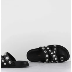 Mules Plates Entre-Doigts En Cuir Noir & Rivets Argent - Kero Tuffato Nero