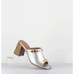 Mules Talon Haut Cuir Argent & Rivets Dores - 5317B Moon Silver