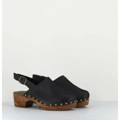 Sabots A Bride Cuir Noir & Rivets Bronze - 288 Vegetal Nero