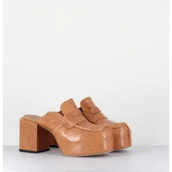 Sabots A Plateforme En Cuir Camel - 1Gs448 Naplak Croccantino