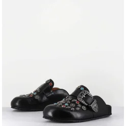 Sabots Plats En Cuir Noir Ornees De Pierres - 3602Mod Nero