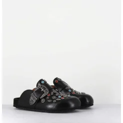 Sabots Plats En Cuir Noir Ornees De Pierres - 3602Mod Nero