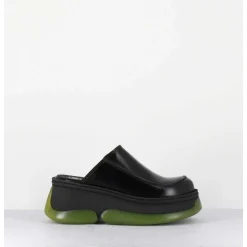 Sabots 90S Compensees Cuir Noir & Bubble Rubber Jaune - Brietta Black Mule