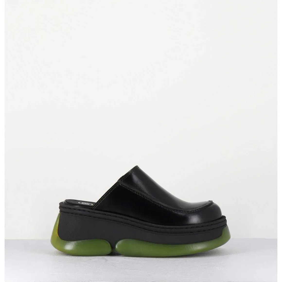 Sabots 90S Compensees Cuir Noir & Bubble Rubber Jaune - Brietta Black Mule