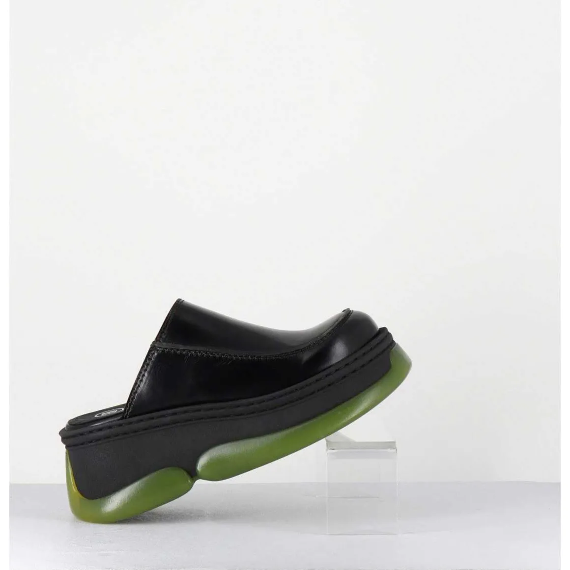 Sabots 90S Compensees Cuir Noir & Bubble Rubber Jaune - Brietta Black Mule