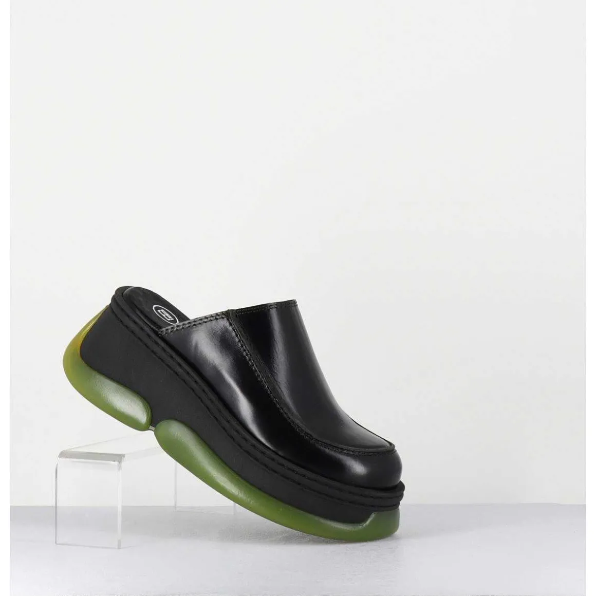 Sabots 90S Compensees Cuir Noir & Bubble Rubber Jaune - Brietta Black Mule