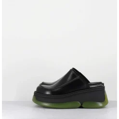 Sabots 90S Compensees Cuir Noir & Bubble Rubber Jaune - Brietta Black Mule