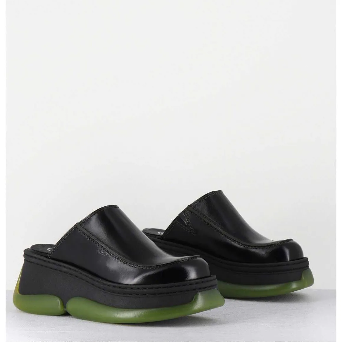 Sabots 90S Compensees Cuir Noir & Bubble Rubber Jaune - Brietta Black Mule