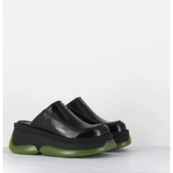 Sabots 90S Compensees Cuir Noir & Bubble Rubber Jaune - Brietta Black Mule