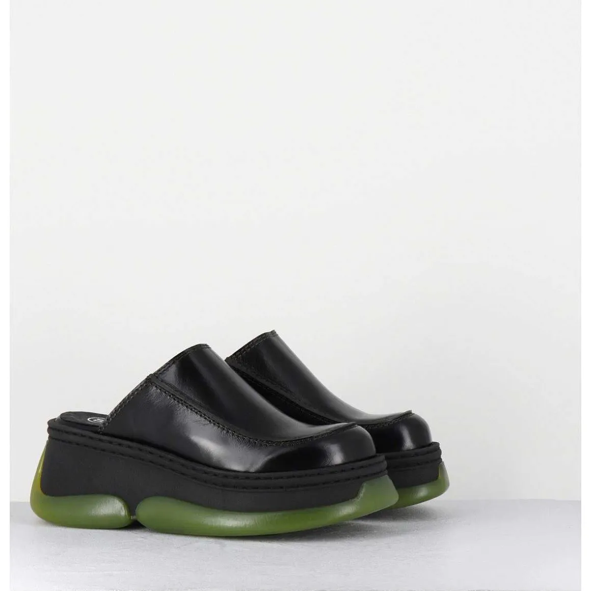 Sabots 90S Compensees Cuir Noir & Bubble Rubber Jaune - Brietta Black Mule