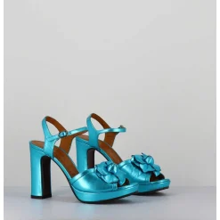 Sandales A Fleur En Cuir Metallise Bleu Talon Haut - Catina Citroen Sky
