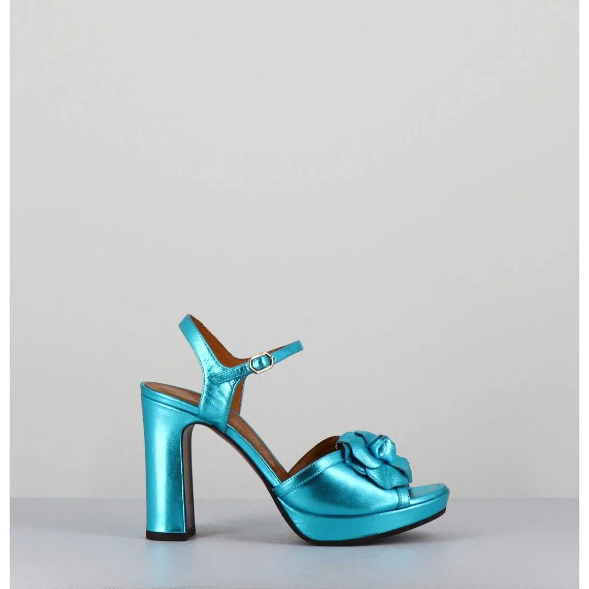 Sandales A Fleur En Cuir Metallise Bleu Talon Haut - Catina Citroen Sky