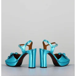 Sandales A Fleur En Cuir Metallise Bleu Talon Haut - Catina Citroen Sky