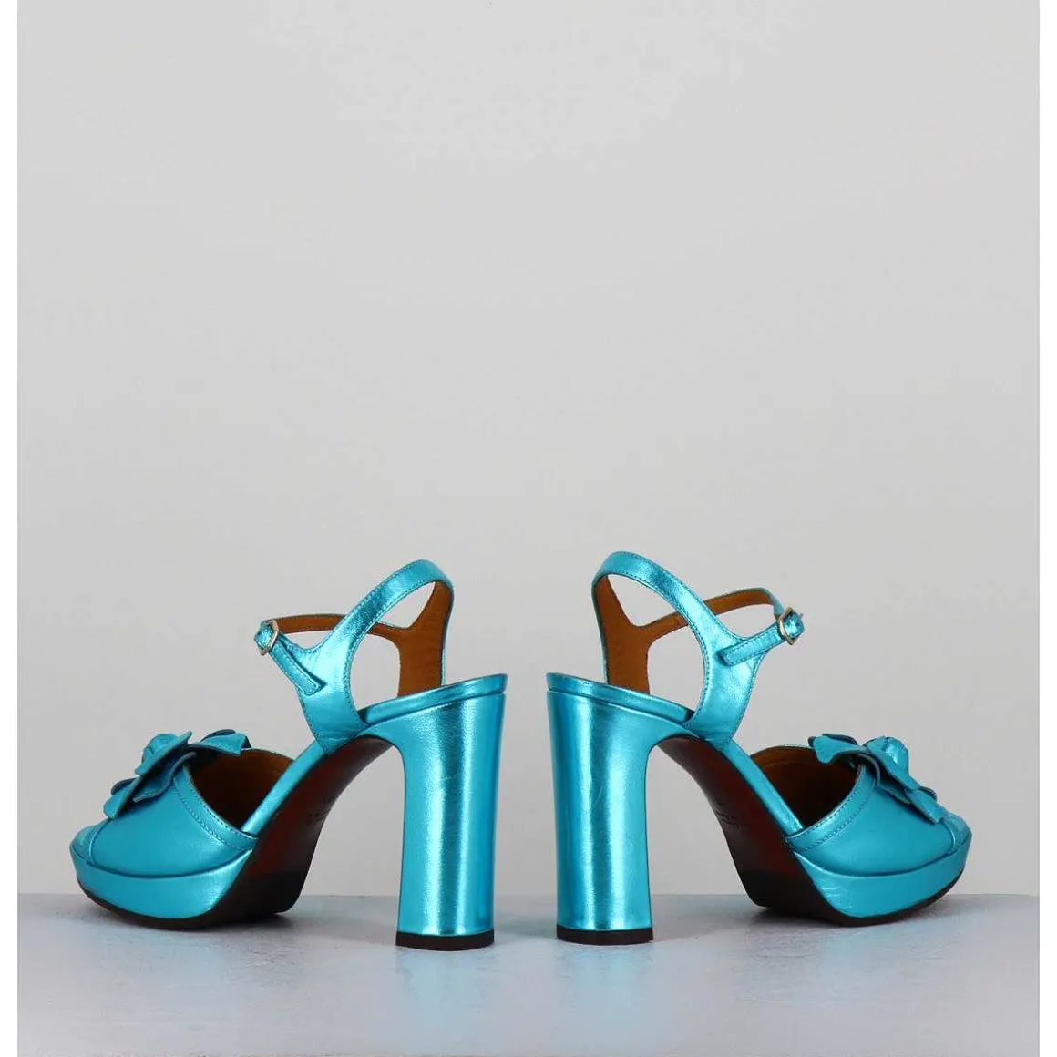 Sandales A Fleur En Cuir Metallise Bleu Talon Haut - Catina Citroen Sky