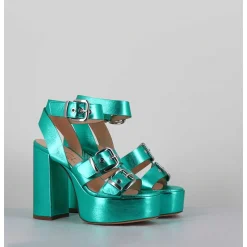 Sandales A Plateforme Cuir Metallise Vert & Boucles - Phile Cauli