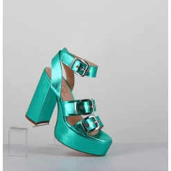 Sandales A Plateforme Cuir Metallise Vert & Boucles - Phile Cauli