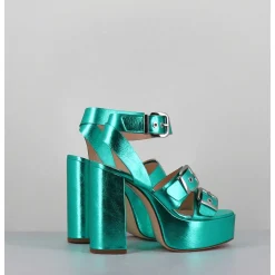 Sandales A Plateforme Cuir Metallise Vert & Boucles - Phile Cauli