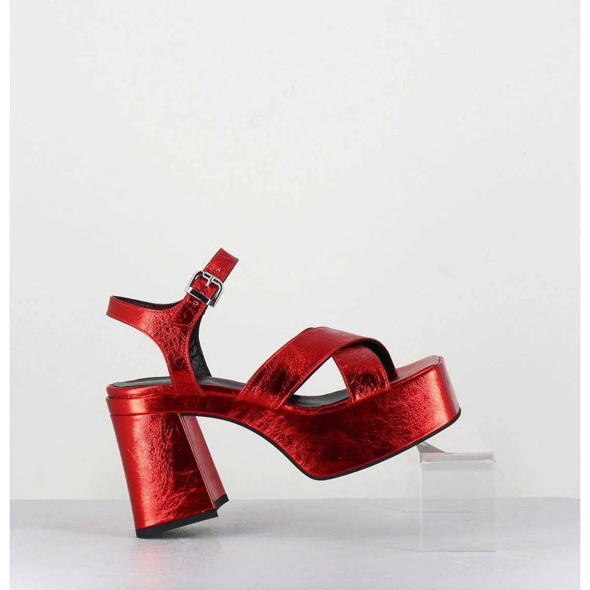 Sandales A Plateforme En Cuir Metallise Froisse Rouge - Ameri Rosso