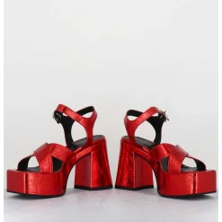 Sandales A Plateforme En Cuir Metallise Froisse Rouge - Ameri Rosso