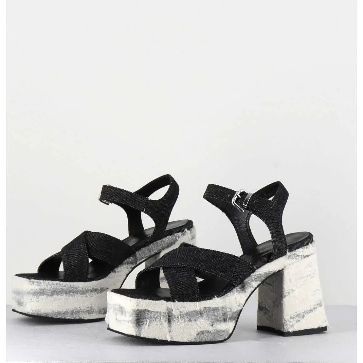 Sandales A Plateforme En Jean Bi-Matiere - Amero Jean Nero