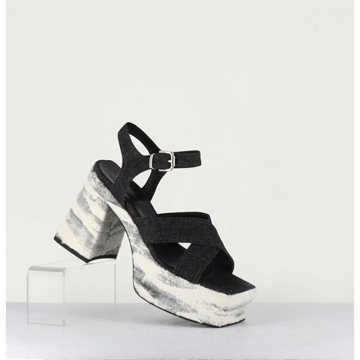 Sandales A Plateforme En Jean Bi-Matiere - Amero Jean Nero