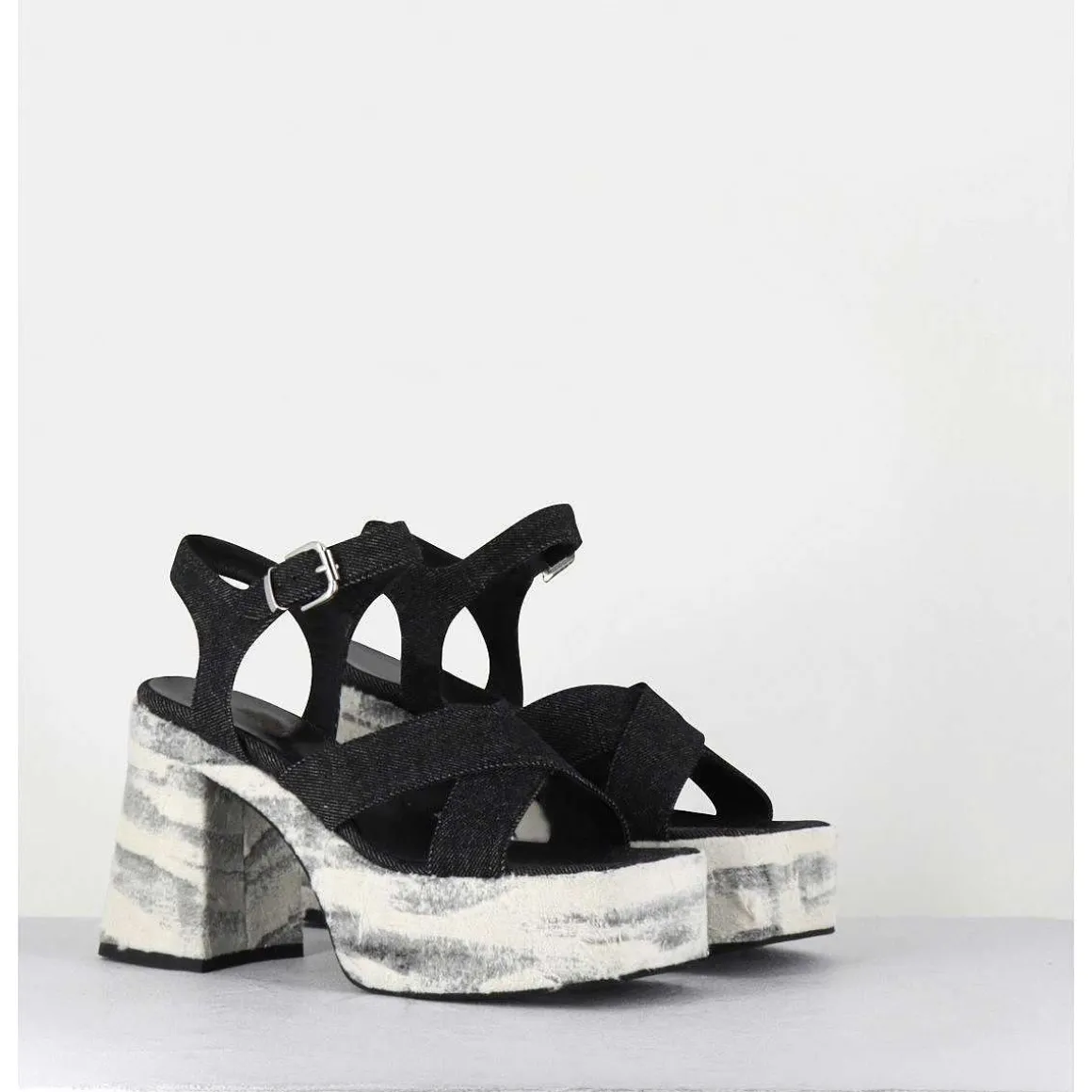 Sandales A Plateforme En Jean Bi-Matiere - Amero Jean Nero