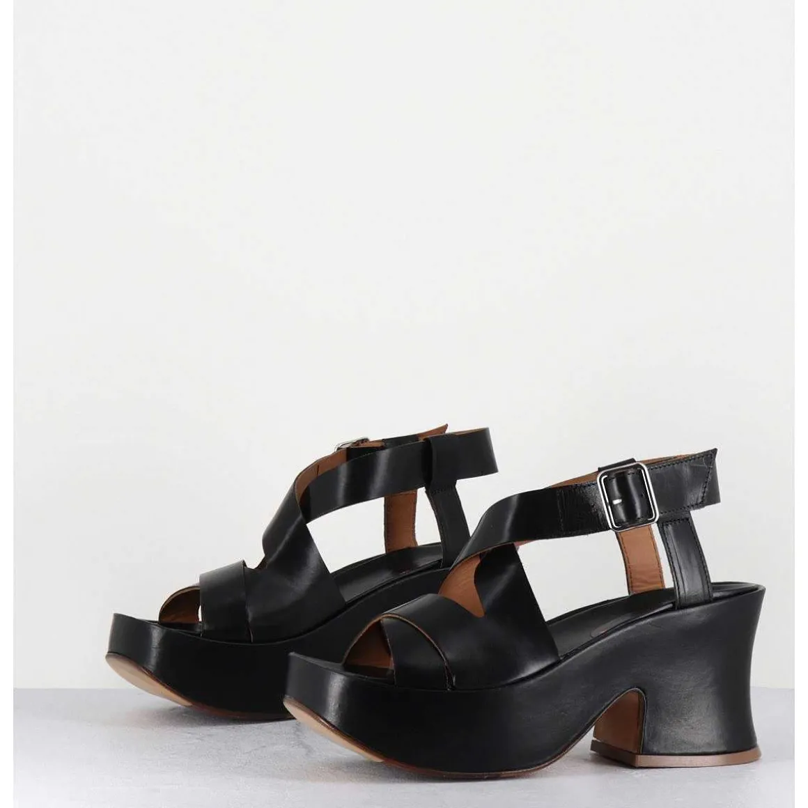 Sandales A Plateforme Japonisante En Cuir Noir - 5300 Vitelo Nero