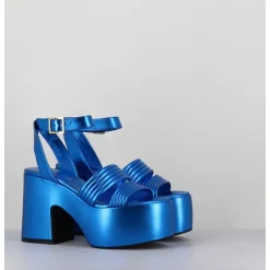 Sandales A Plateforme 70S En Cuir Metallise Bleu - Mar Laminato Cobalto