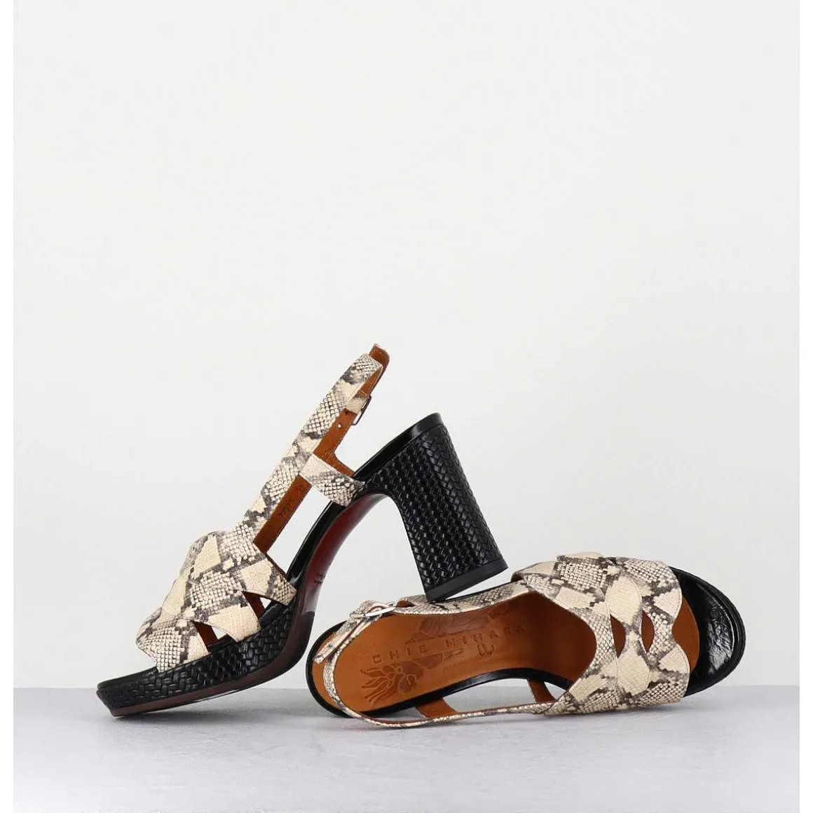 Sandales A Talon Cuir Imprime Serpent - Keira Rover Sand