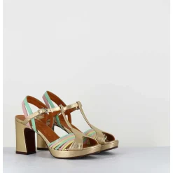 Sandales A Talon En Cuir Metallise Dore Multi-Brides Colorees - Kija44 Dali Champan